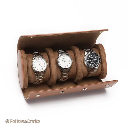 Pu Leather Watch Box 3 Slot Khaki Brown